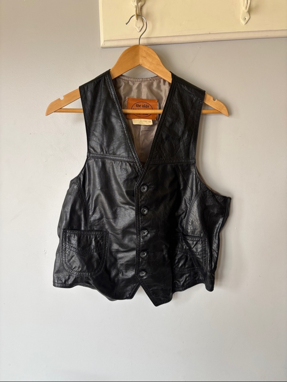 Vintage Black Leather Vest Deep V Button Front Western Festival S/M